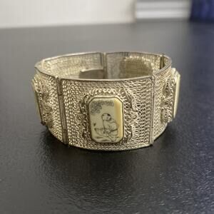 Antique Chinese Export 900 SILVER Cannetille Geisha SCRIMSHAW BRACELET RARE